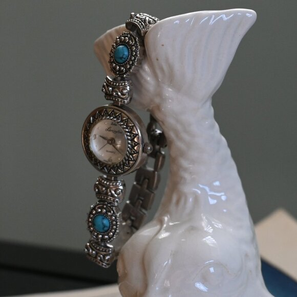 VTG Lexington Quartz Wrist Watch Japan Movement Silver Tone Turquoise Stones main image 8
